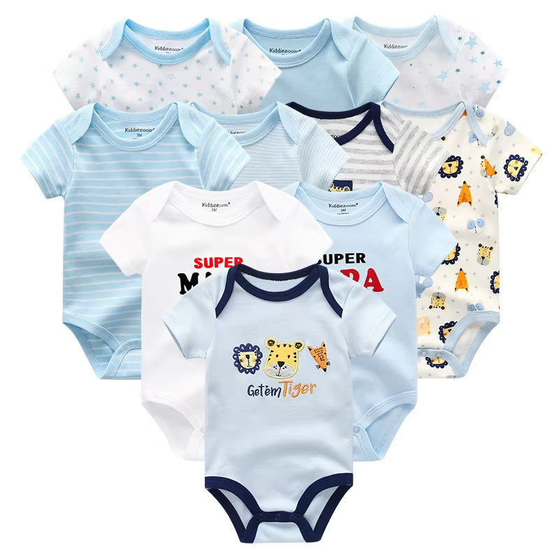 10PCS Newborn Baby Girl Clothes Cotton Short Sleeve Jumpsuit 0-12M Unisex Baby Boy Clothes Cartoon Print Solid Ropa Bebe