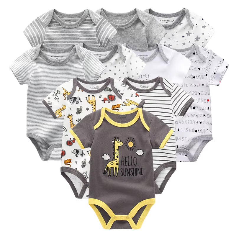 10PCS Newborn Baby Girl Clothes Cotton Short Sleeve Jumpsuit 0-12M Unisex Baby Boy Clothes Cartoon Print Solid Ropa Bebe